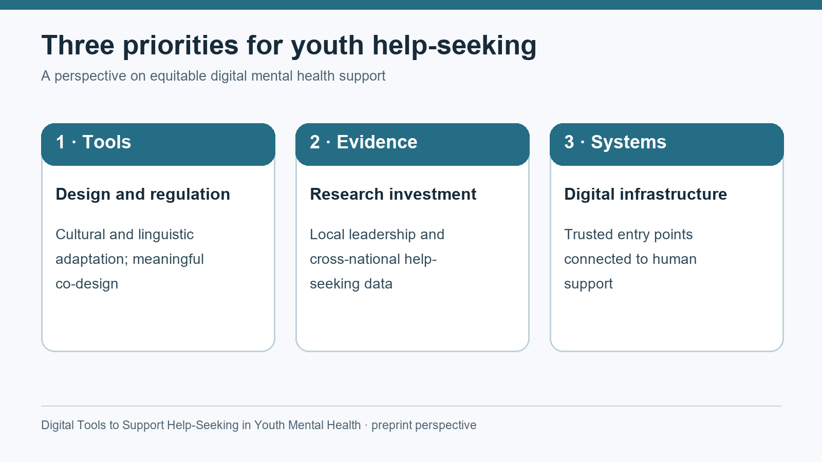 Three priorities proposed in the perspective: culturally adapted and co-designed tools with suitable regulation; locally led research and cross-national evidence; trusted digital infrastructure linked to human support.